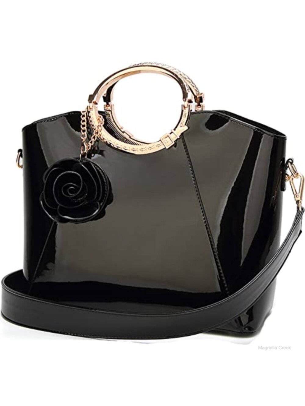 Faux Patent Leather Satchel Top Handle Tote Shoulder Bag